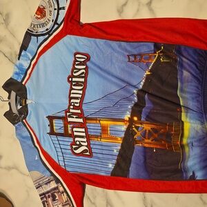 Cisco Red and Blue Cityscape Cycling Jersey, medium